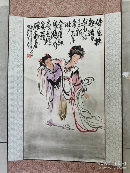 2132号卷轴国画写意人物杨贵妃 醉和春 画心61×34cm 作者：陈政明 侍儿扶起娇无力,始是新承恩泽时。金屋妆成娇侍夜,玉楼宴罢醉和春。庚申年夏月写贵妃醉酒于汕岛 政明 刘旦宅藏印 出处：1986年 桂林无线电一厂挂历月历 恭贺新禧 陈政明页面