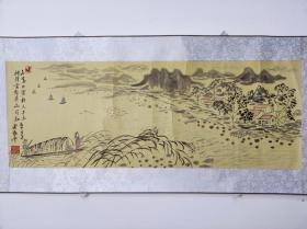 720号卷轴国画写意山水人物楼阁 画心34×93cm 作者：魏荣玲