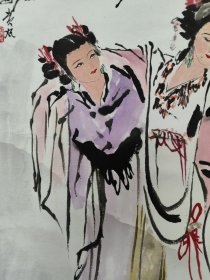 2132号卷轴国画写意人物杨贵妃 醉和春 画心61×34cm 作者：陈政明 侍儿扶起娇无力,始是新承恩泽时。金屋妆成娇侍夜,玉楼宴罢醉和春。庚申年夏月写贵妃醉酒于汕岛 政明 刘旦宅藏印 出处：1986年 桂林无线电一厂挂历月历 恭贺新禧 陈政明页面