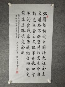 C230号书法楷书 摘录讲话 100×55cm 作者：潘长辛，中共党员，随二野五兵团进军大西南，贵州省册享县公安局任秘书股长，并在兴义行署公安处，先后任秘书科副科长、科长、预审科科长。后在黔南州公安局任治安科长，纪检组长、副局长（正县级）  必须坚持走中国特色社会主义道路;不断坚持和发展中国特色社会主义;''方向决定前途;道路决定命运;