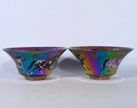 宋建窑進琖款骑马纹七彩大盏一对，高9.8×21厘米