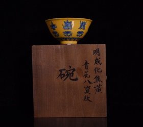 日本回来瓷明成化黄釉青花八宝纹碗，高7.6×15.3厘米