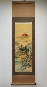 日本回流  日本画家   月庵《福神和富士山》（手绘）绢本立轴012