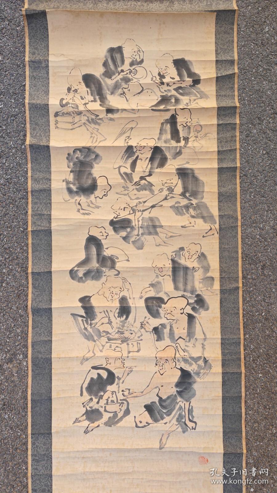 日本回流  日本画家    尾山《人物画（十六罗汉）》（手绘）纸本立轴（008）