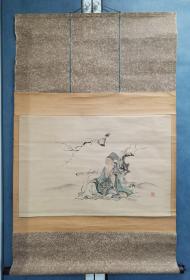 日本回流 日本画家 鱼渊 《寿老人》茶挂 纸本立轴 012