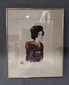 日本回流 日本著名画家 竹久梦二《美人图》（手绘）纸本框画