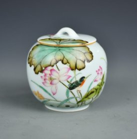旧藏回流清雍正珐琅彩鸳鸯戏水瓷茶罐