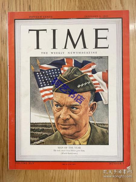 【现货】时代周刊杂志 TIME MAGAZINE，1945年1月1日，封面 “ Eisenhower 艾森豪威尔”， 美国第34任总统，五星上将。珍贵的历史资料。