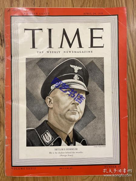 【现货】时代周刊杂志 TIME MAGAZINE，1939年4月24日，封面 “ 海因里希·希姆莱”，德国的党卫队首领，盖世太保总管。珍贵的历史资料。