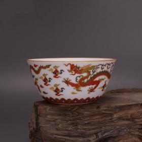 仿古瓷，明成化珐琅彩祭红描金龙纹茶杯