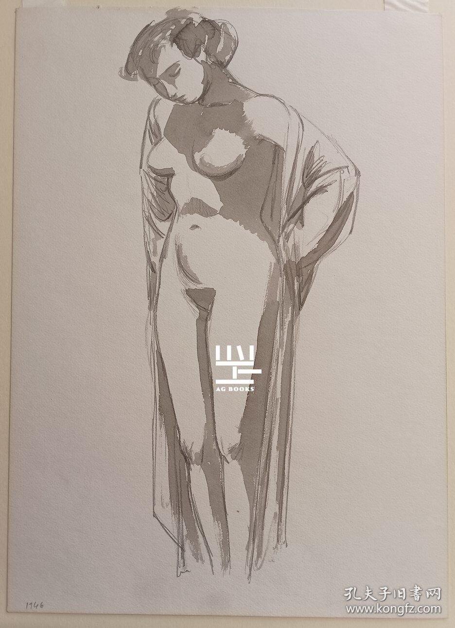 《浴女》1946年英国著名版画家莱特水彩加素描原作