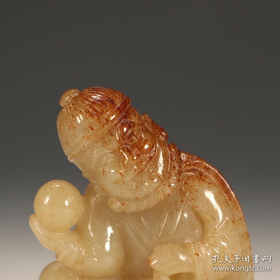 清代和田玉胡人驯兽把件