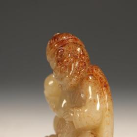 清代和田玉胡人驯兽把件