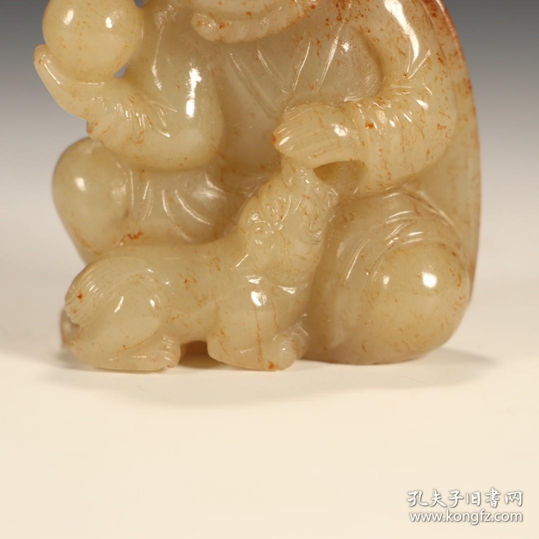 清代和田玉胡人驯兽把件