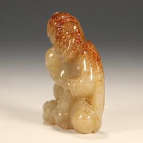 清代和田玉胡人驯兽把件