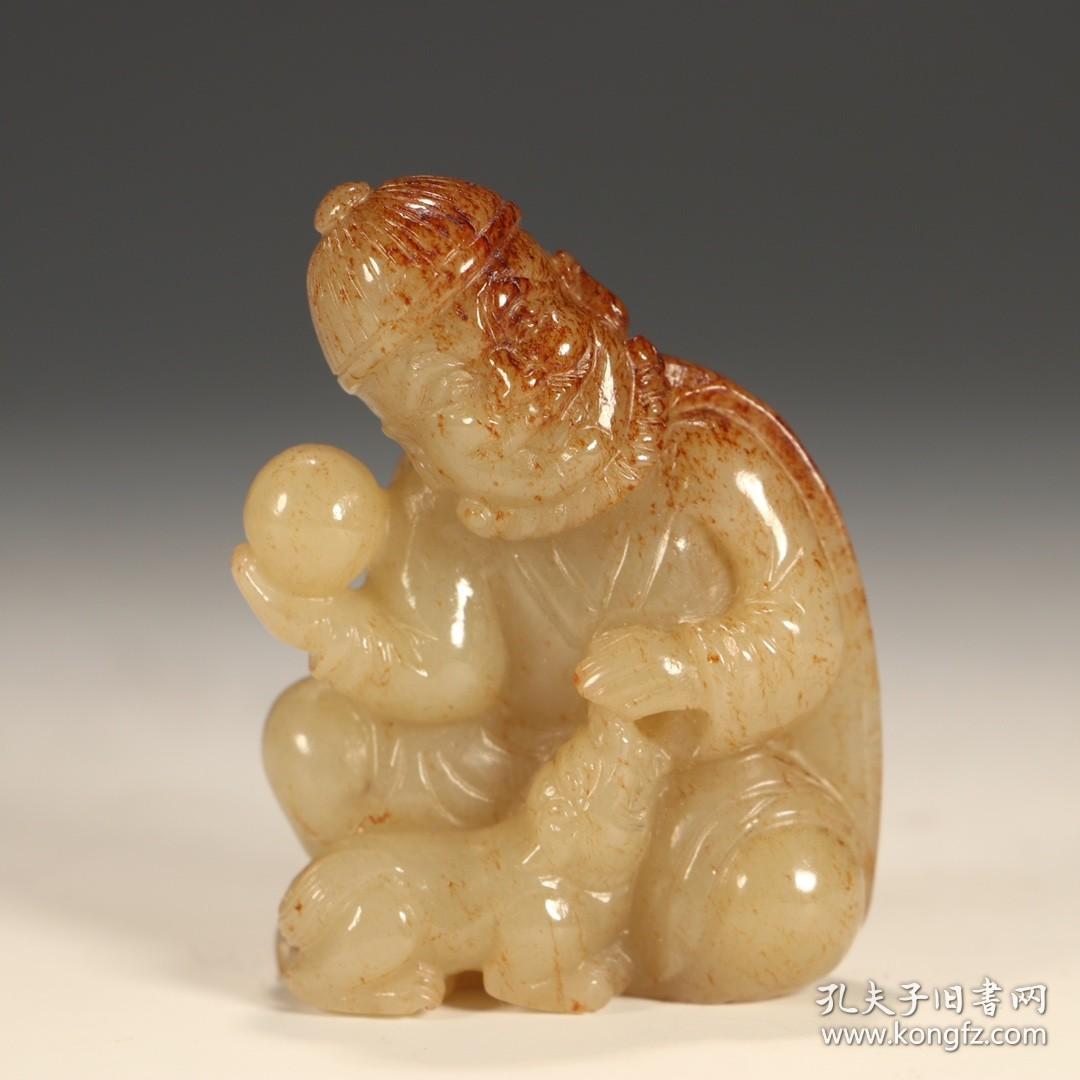 清代和田玉胡人驯兽把件