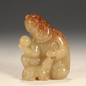 清代和田玉胡人驯兽把件
