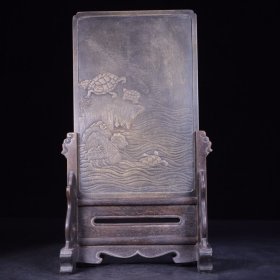 旧藏：名家款绿端石雕“五福临门”文房砚屏。
规格：