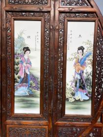 精品黄花梨透雕双面镶精工山水和美女琴棋书画落地隔断