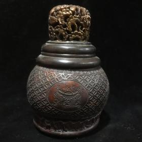 旧藏：葫芦漆金蝈蝈罐包将红润尺寸：高10.5cm 肚宽7.6cm 口径4.2cm重69g。