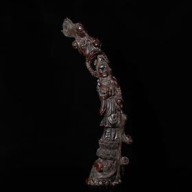 牛角整料雕刻莲花观音佛像摆件，高39厘米长9厘米厚4.8厘米，重646克