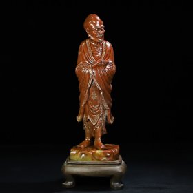 寿山石朱砂红石雕刻描金达摩大师佛像摆件，净高27.5厘米长9厘米厚7.6厘米，净重1589克1