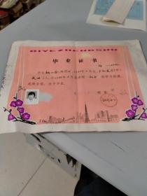 1985年常州市武进县坊前中学毕业证书（梅花，供电铁塔，灌溉枢纽，工厂烟囱，百货大楼等版画图案，一片欣欣向荣的景象，此图案格调清新高雅，值得收藏）（背面略有水印）