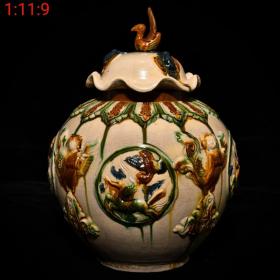 三彩荷叶盖罐，古玩古董瓷器收藏品真品保老保真宋瓷摆件