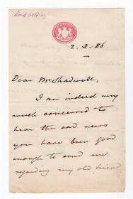 第二次鸦片战争侵华将领、英军总司令 亲历塘沽、大沽口、占领天津、进据北京以及火烧圆明园诸役  吴士礼（Garnet Joseh Wolseley）1886年亲笔信