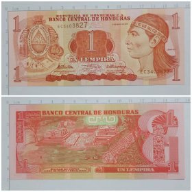 洪都拉斯钱币  1伦皮拉纸币  2010年 美洲