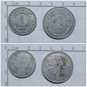 法国钱币 2枚硬币 旧品 1947-1957年