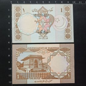 巴基斯坦钱币 1卢比纸币 1981年版签名（有针孔 有黄斑）