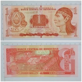 洪都拉斯钱币  1伦皮拉纸币  2014年 美洲
