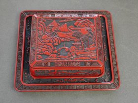 红镰仓雕实木漆器 朱漆器 书法文房四宝 掉漆砚台盒 文箱
