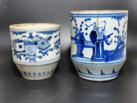 清代中期嘉道青花人物博古纹瓷盖缸盖罐一对