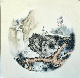 精品国画《山中留客》卡纸50*50名家手绘禅意浅绛山水画