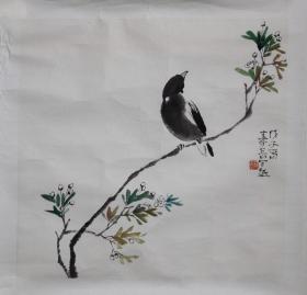 保真出售 已故四川著名画家陈子庄之子  陈寿岳 花枝小鸟  34*34 托片