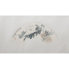 保真出售 已故四川著名画家陈子庄之子  陈寿岳 白菊 扇面 托片