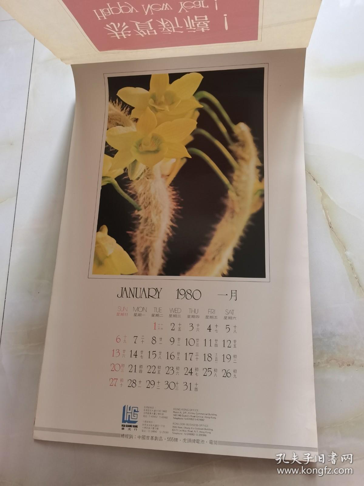 1980年 挂历 恭贺新禧  12月全花蕾 看实物图 卷筒发货