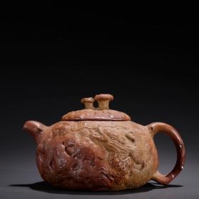 旧藏·景舟款紫砂龙纹灵芝钮茶壶。