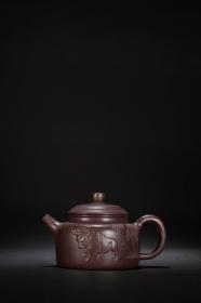 旧藏 紫砂黑朱泥牛气冲天茶壶。
