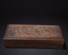 旧藏 花梨镶竹雕人物故事图盖盒