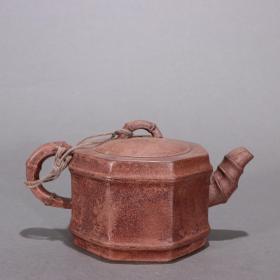 旧藏-紫砂竹节纹八方茶壶。