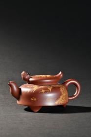 旧藏 “倪新安制”款 紫砂老料描金福如东海 寿比南山茶壶。