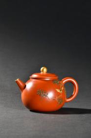 旧藏 “周桂珍”紫砂描金大红袍鸟语花香茶壶。