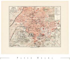 1905年德国出版雕版套印地图：《雅典（希腊首都）》欧洲城市老地图，希腊城市地图
德国莱比锡文献研究所出版，原始发行状态中央对折，地图尺寸约为：30.8cm*24.3cm
原版彩页地图非现代复制品，中古印刷品，轻微年代痕迹