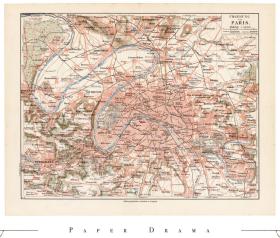 1895年德国出版雕版套印地图：《巴黎及巴黎周边》欧洲名城地图，晚清时期外国地图
德国莱比锡书目研究所出版，原始发行状态中央对折，地图尺寸约为：31.1cm*24.3cm
原版地图非现代复制品，双面印制，背面为巴黎市中心和文本注释，轻微年代痕迹