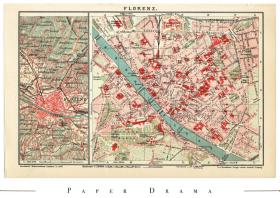 1887年德国出版雕版套印地图：《佛罗伦萨》文艺复兴历史名城，欧洲老地图城市地图
德国莱比锡书目研究所出版，正反面印制背面文本注释，地图尺寸约：25.1cm*16.2cm
原版地图非现代复制品，西洋古董收藏品，轻微年代痕迹