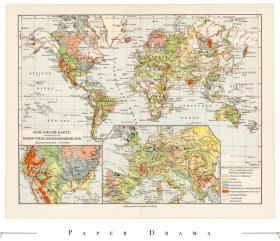 1908年德国出版雕版套印地图：《地表基底地质地图》地质地理地图，世界地图老地图
德国莱比锡文献研究所出版，原始发行状态中央对折，地图尺寸约为：30.6cm*24.4cm
原版彩页地图非现代复制品，中古印刷品，实物拍摄，品相如图