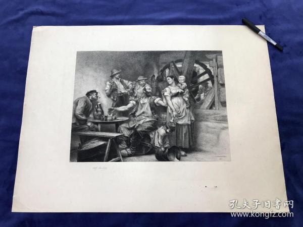 1896年巨幅面蚀刻铜版画《葡萄酒》—法国现实主义画家和蚀刻师莱昂·奥古斯汀·莱尔米特(Léon Augustin Lhermitte,1844 - 1925年)作品 雕刻师Alfred Boilot 版画家版内版外签名 牛皮纸印制 纸张尺寸65.5厘米X49.6厘米